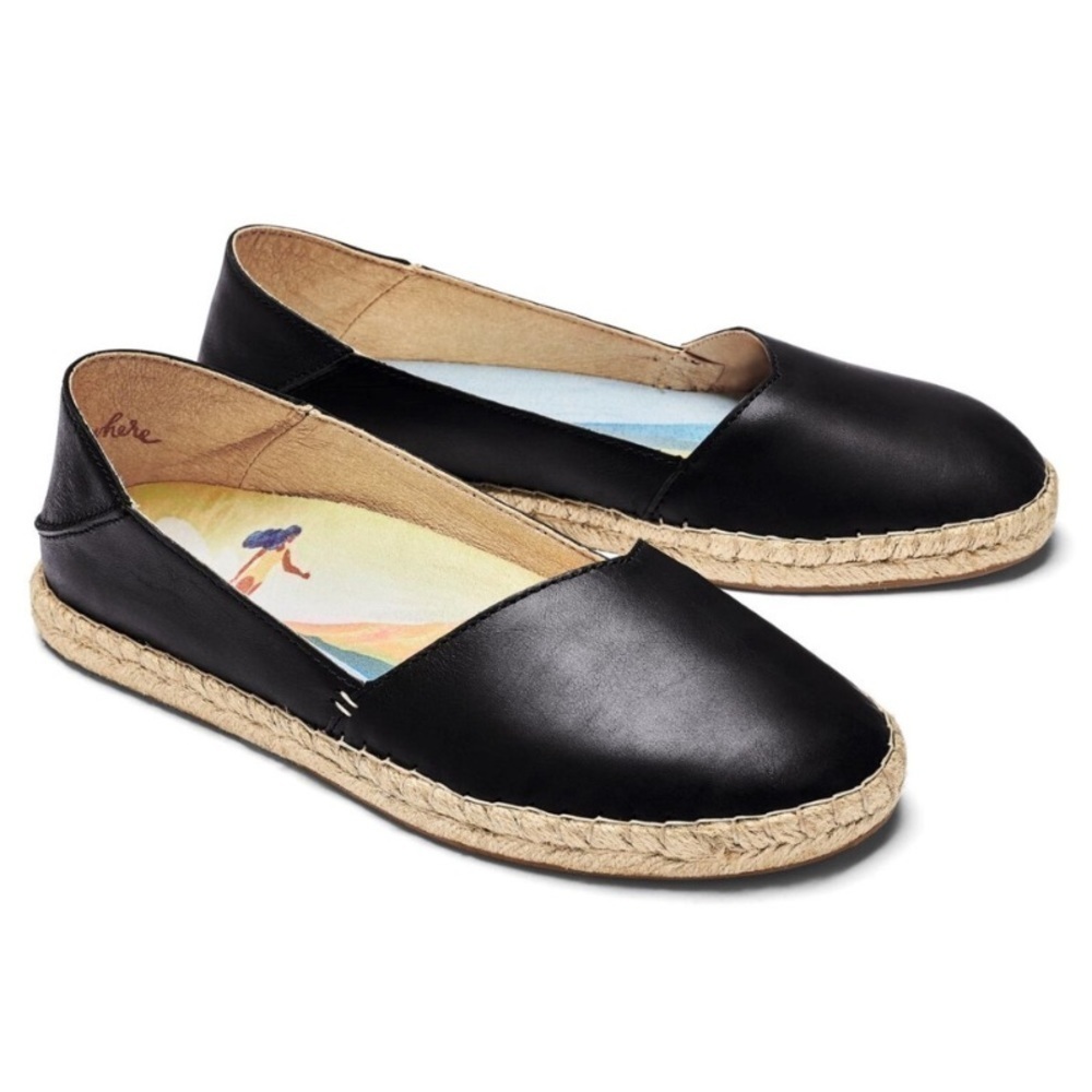 Olukai Kaula Pa'a 'Ili Leather Slip On Espadrille Flat Black‎ 7.5